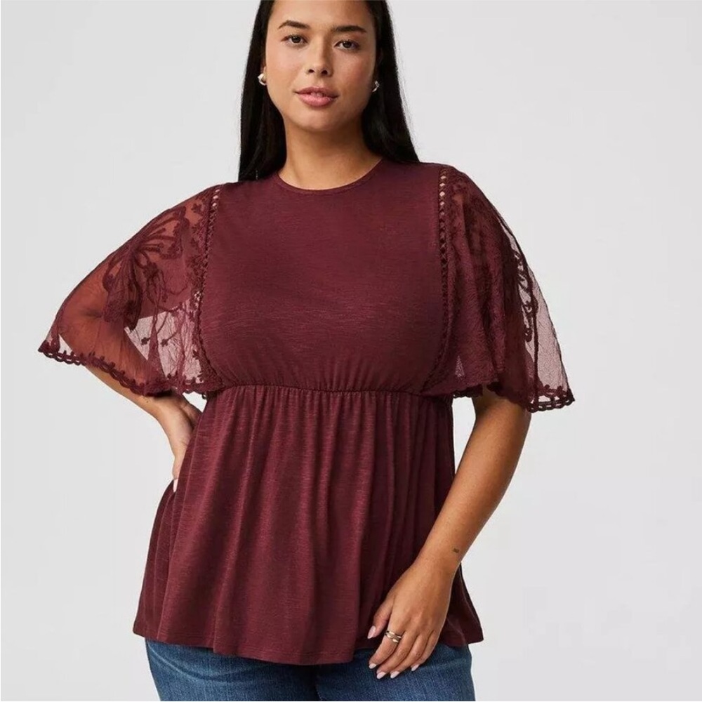 Torrid sz 6 slub knit tunic burgundy marl with lace capelet sleeves NWOT